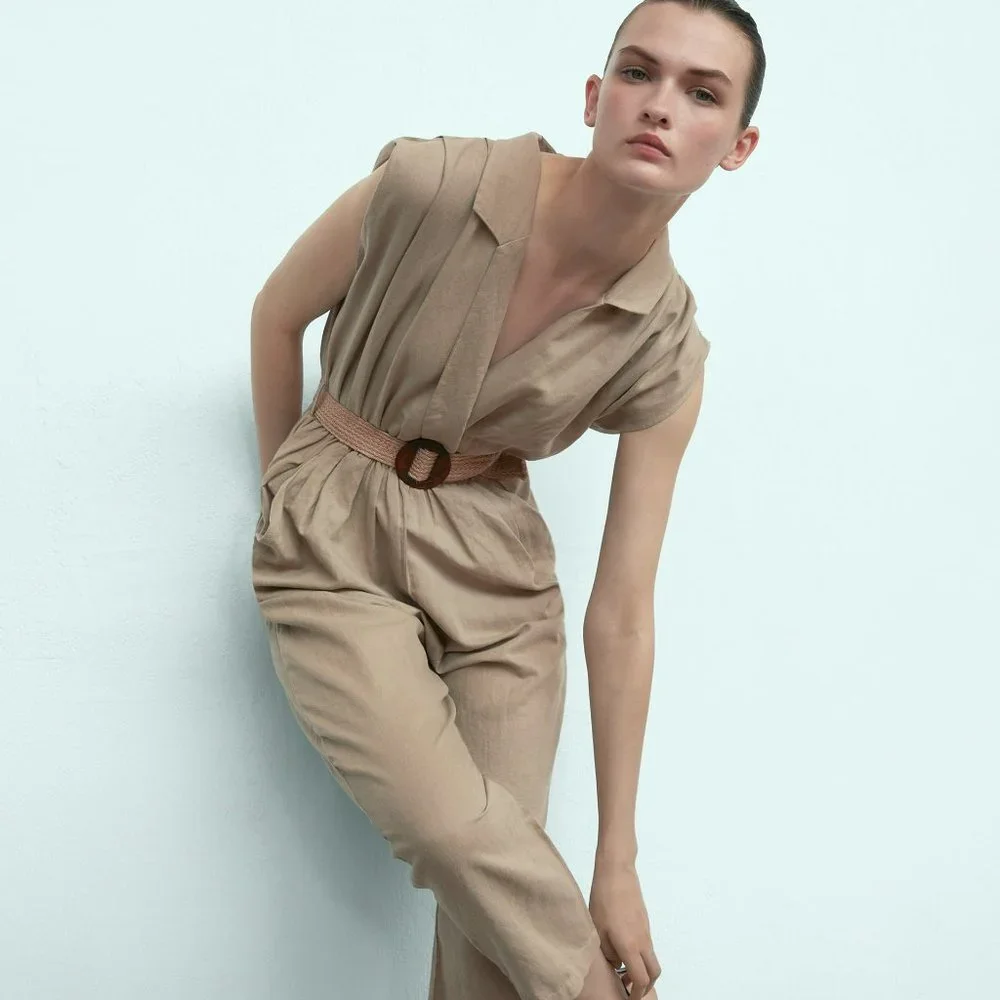 Zara Linen Blend Belted Jumpsuit Sand Sz XL, L